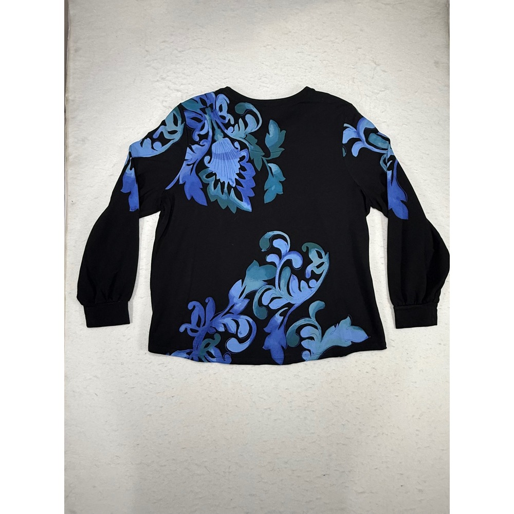 Chicos Womens Size XL Black Blue Floral Baroque Long Sleeve Jersey Knit Top - Picture 2 of 3